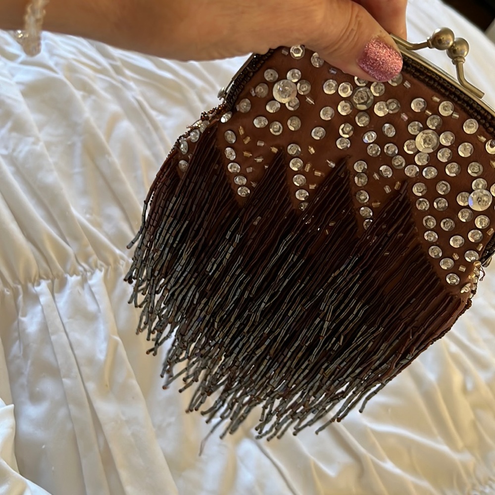 Brown with silver sequins and brown long beads